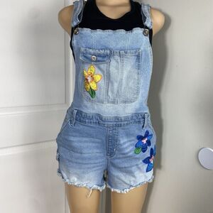 No Boundaries Denim Shortalls Womens XL Embroidered Flower Y2K Hippie raw hem